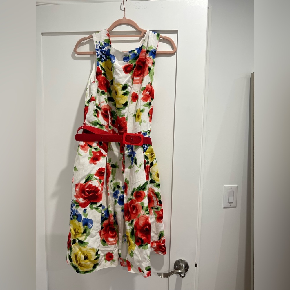 Vintage Floral  Dress with Red Belt
